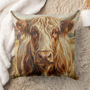 Cute Impasto Cow on Rustic Ranch Throw Pillow