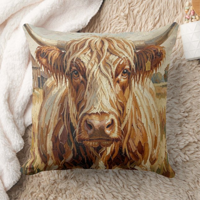 Cute Impasto Cow on Rustic Ranch Throw Pillow (Blanket)
