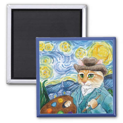 Cute impressionist cat Van Gogh Starry Night Magnet