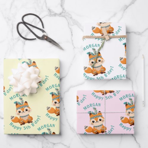 Cute Indian Fox Name  Birthday 3 Colors Wrapping Paper Sheets