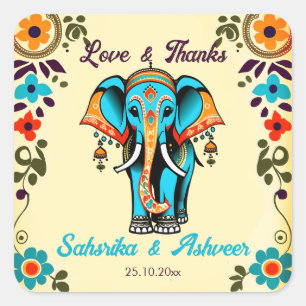 Cute Indian wedding elephant thank you favor Square Sticker
