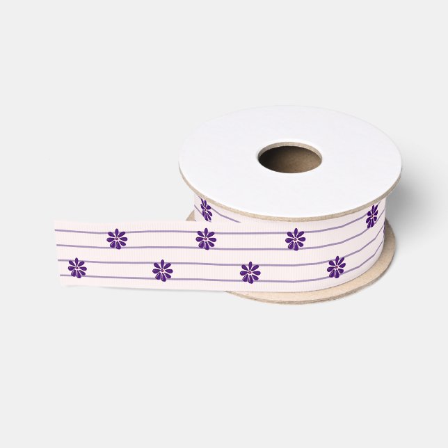 Cute Indigo Floral & Blush and Violet Striped Grosgrain Ribbon (Spool)