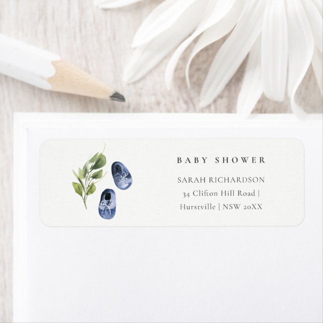 Cute Ink Blue Boy Shoes Fauna Baby Shower Address Label (Insitu)