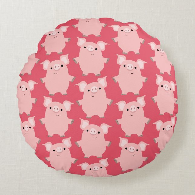 Cute Inquisitive Cartoon Pigs Round Pillow (Front)