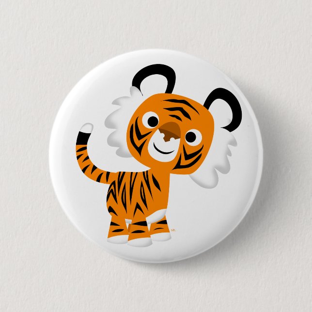 Cute Inquisitive Cartoon Tiger Button Badge (Front)