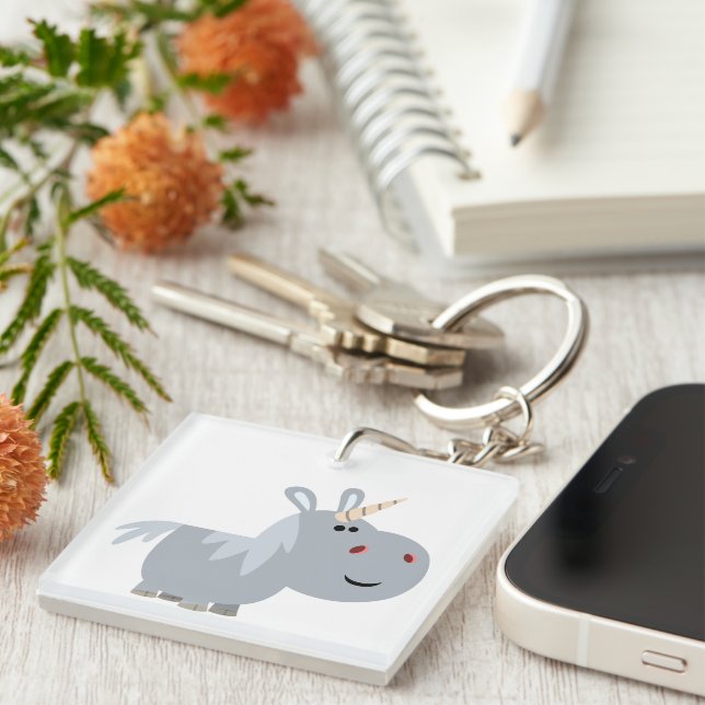 Cute Inscrutable Cartoon Unicorn Acrylic Keychain (Front Right)