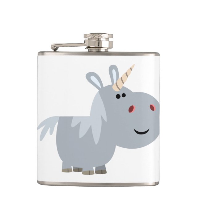 Cute Inscrutable Cartoon Unicorn Hip Flask (Front)