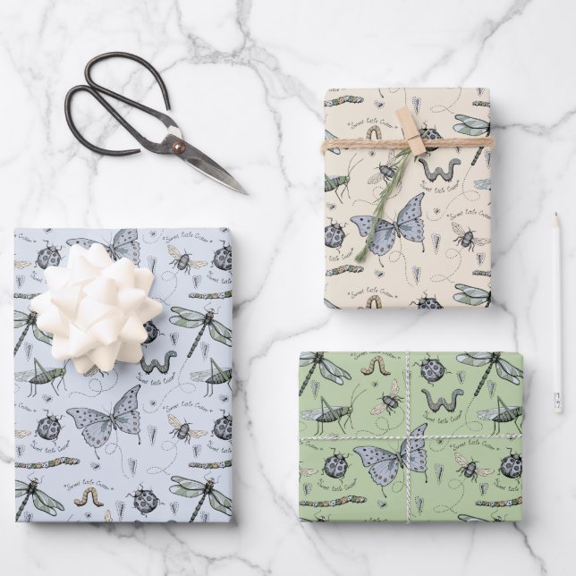 Cute Insect Boho Pastels Blue Green Cream Baby Boy Wrapping Paper Sheets (Front)