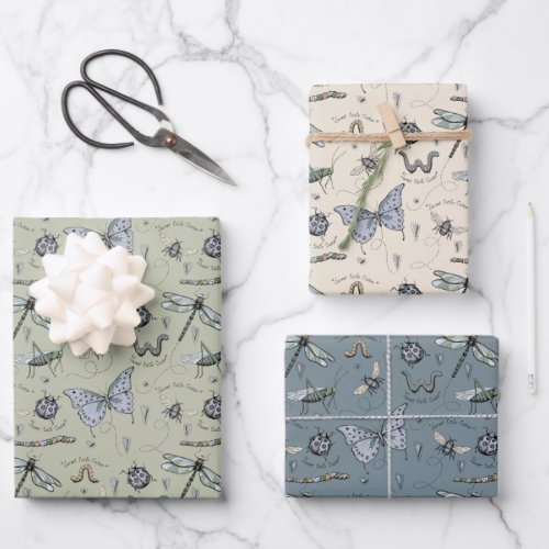 Cute Insect Boho Pastels Blue Sage Cream Baby Boy Wrapping Paper Sheets