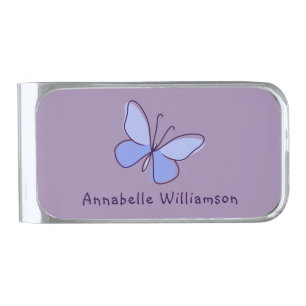 Cute Insect Butterfly in Blue Violet and Name Silver Finish Money Clip