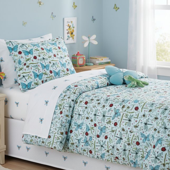 Cute Insect Pattern Light Blue Kids Duvet Cover (Cute Insects Pattern Blue Duvet Cover for Kids. Bugs, Dragonflies, Butterflies, Bees, Ladybugs, etc)