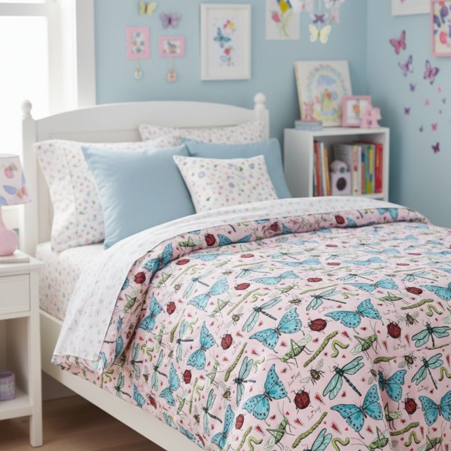 Cute Insect Pattern Pink Kids Duvet Cover (Cute Insects Pattern Pink Duvet Cover for Kids. Bugs, Dragonflies, Butterflies, Bees, Ladybugs, etc)