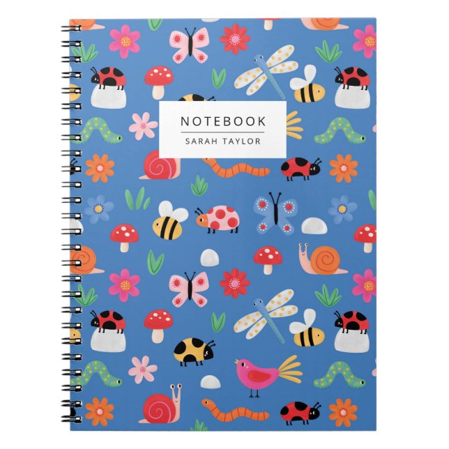 Cute Insects & Nature Pattern in Blue Notebook (Front)