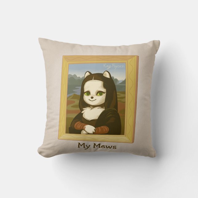 Cute Inspirational Mona Lisa Cat Pun Throw Pillow (Front)