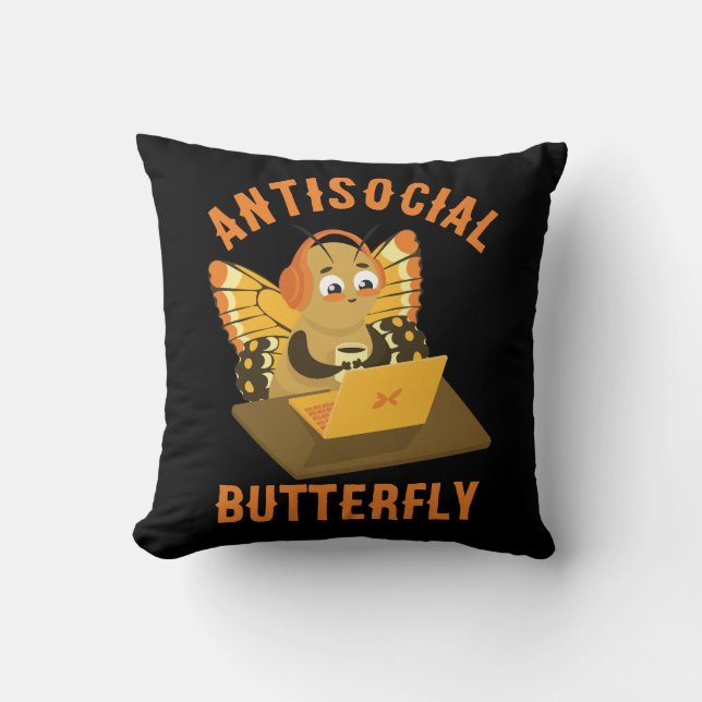 Cute Introvert Aesthetic Antisocial Butterfly Throw Pillow (Front)
