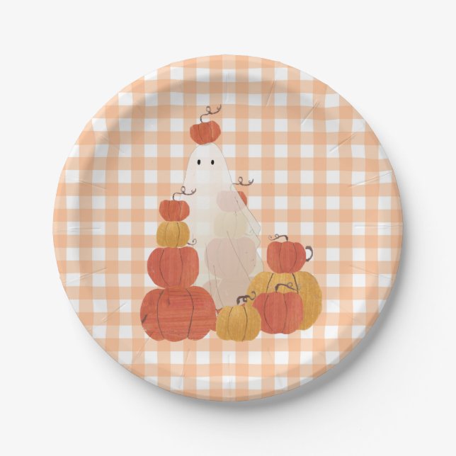Cute Invisible Halloween Pumpkin Ghost Gingham Paper Plates (Front)