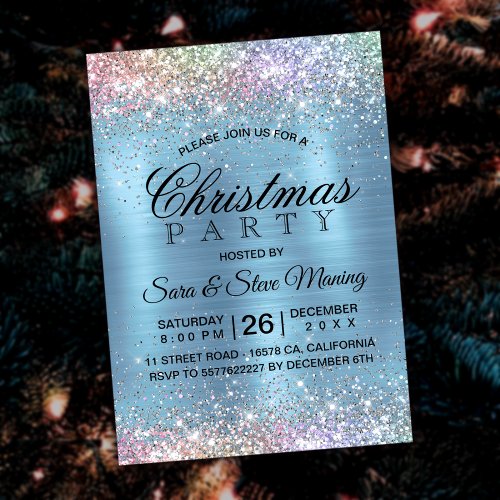 Cute iridescen ice blue faux glitter Christmas  Invitation