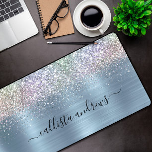 Cute iridescen ice blue faux glitter desk mat
