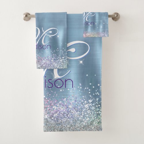 Cute iridescen ice blue faux glitter monogram bath towel set