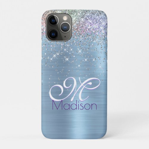 Cute iridescen ice blue faux glitter monogram iPhone 11 pro case