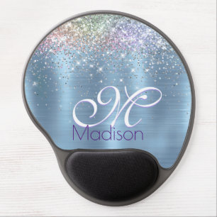 Cute iridescen ice blue faux glitter monogram gel mouse pad