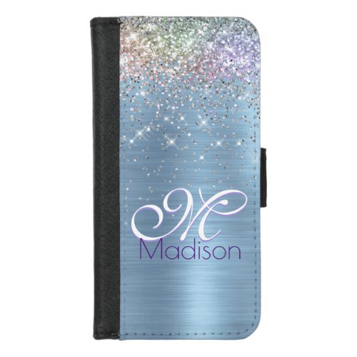 Cute iridescen ice blue faux glitter monogram iPhone 87 wallet case
