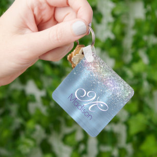 Cute iridescen ice blue faux glitter monogram keychain