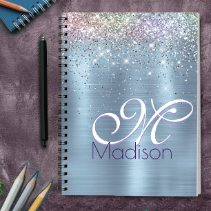 Cute iridescen ice blue faux glitter monogram notebook