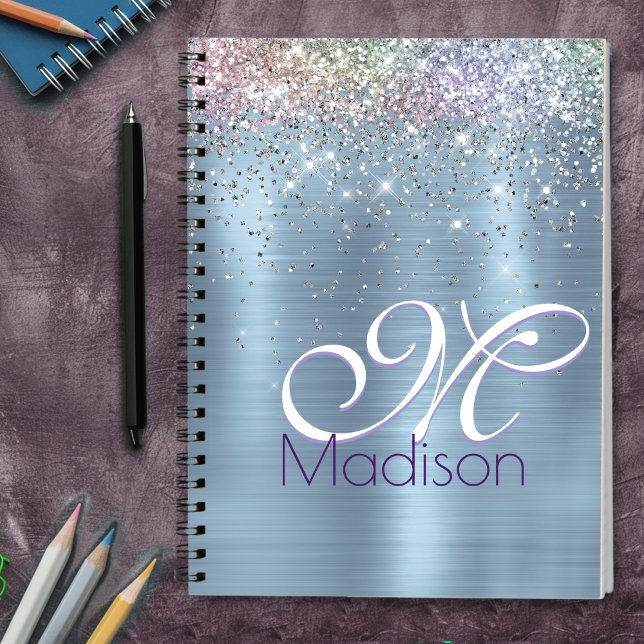 Cute iridescen ice blue faux glitter monogram notebook (Creator Uploaded)