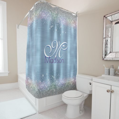 Cute iridescen ice blue faux glitter monogram shower curtain