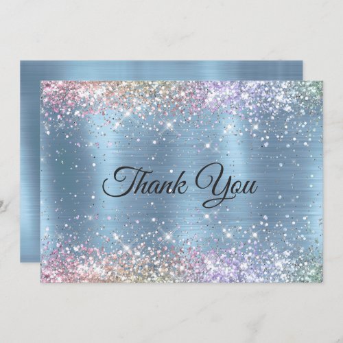 Cute iridescen ice blue faux glitter monogram thank you card