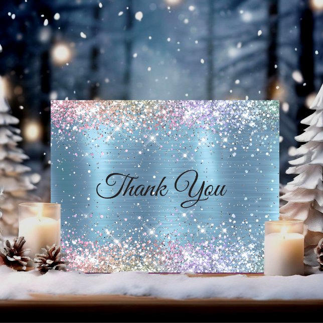 Cute iridescen ice blue faux glitter monogram thank you card (Creator Uploaded)