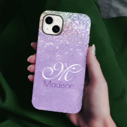 Cute iridescen lilac purple faux glitter monogram Case-Mate iPhone 14 case