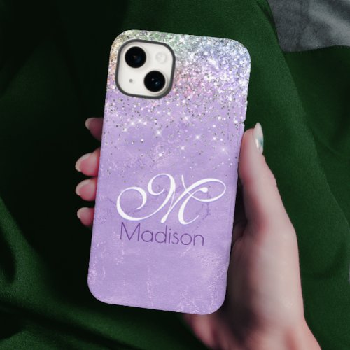 Cute iridescen lilac purple faux glitter monogram Case_Mate iPhone 14 case