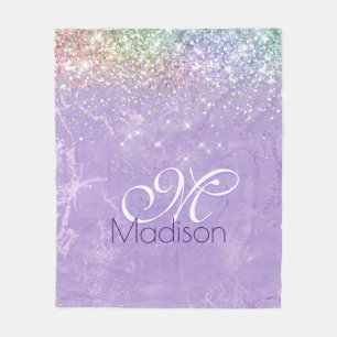 Cute iridescen lilac purple faux glitter monogram fleece blanket
