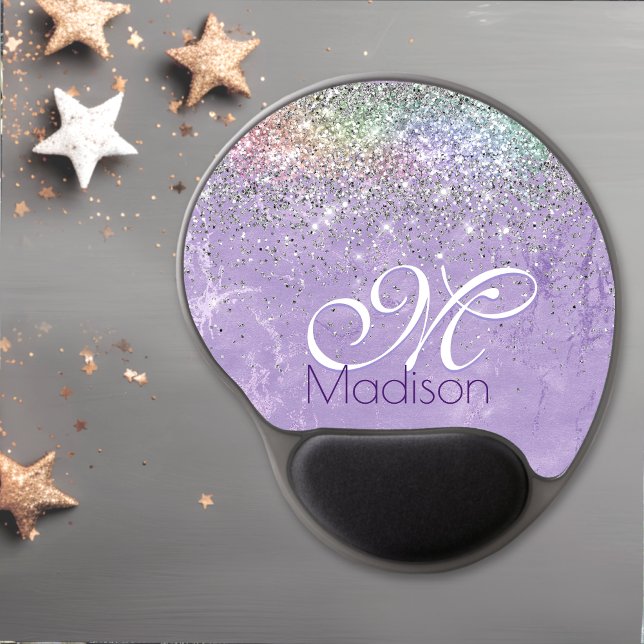 Cute iridescen lilac purple faux glitter monogram gel mouse pad (Creator Uploaded)
