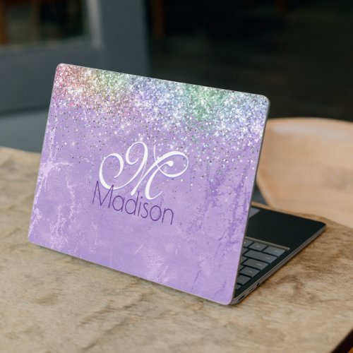 Cute iridescen lilac purple faux glitter monogram HP laptop skin