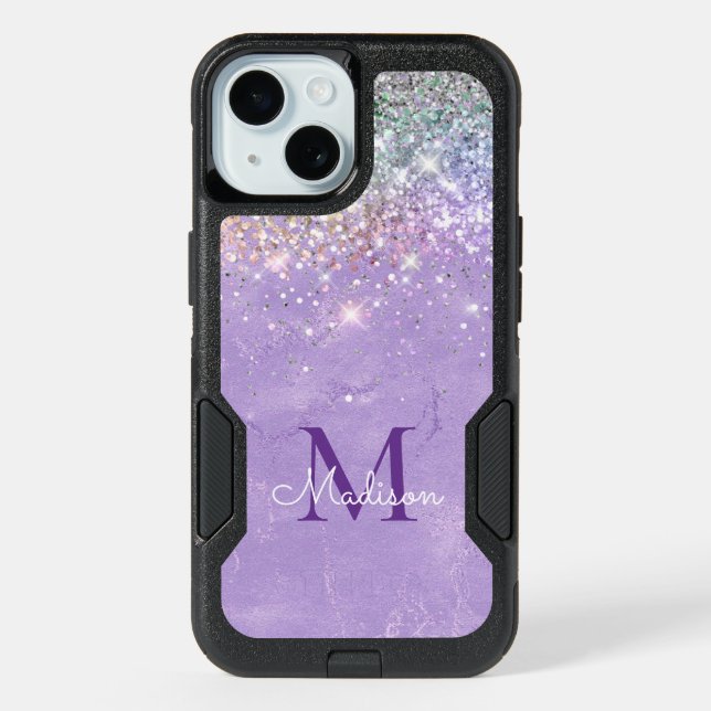 Cute iridescen lilac purple faux glitter monogram iPhone 15 case (Back)