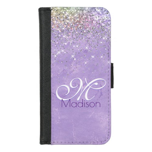 Cute iridescen lilac purple faux glitter monogram iPhone 87 wallet case