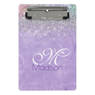 Cute iridescen lilac purple faux glitter monogram mini clipboard