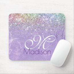 Cute iridescen lilac purple faux glitter monogram mouse pad