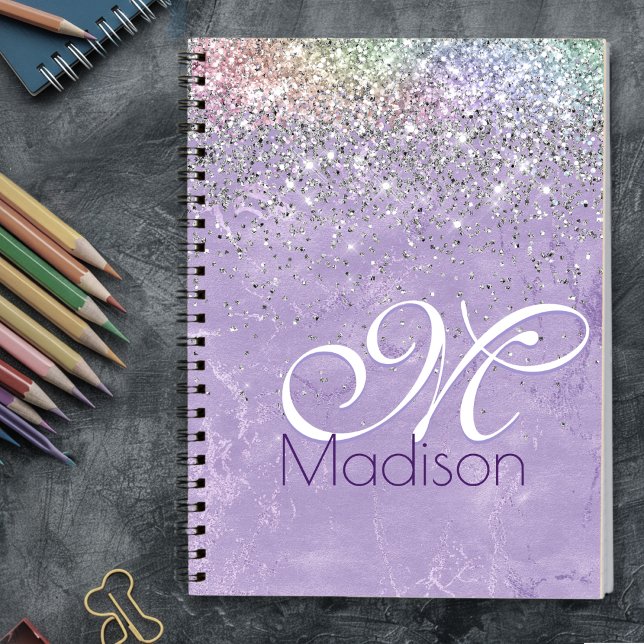 Cute iridescen lilac purple faux glitter monogram notebook (Creator Uploaded)