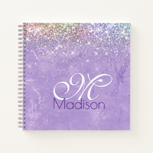 Cute iridescen lilac purple faux glitter monogram notebook