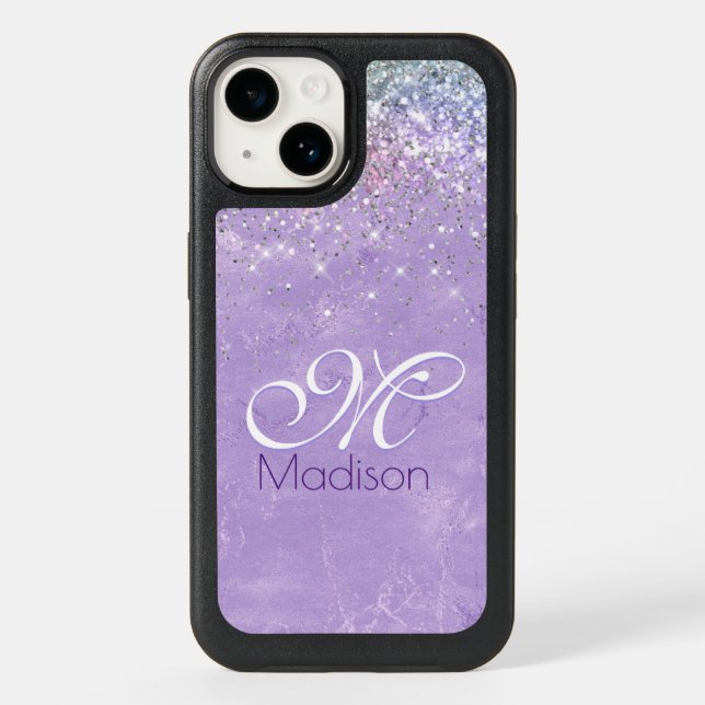 Cute iridescen lilac purple faux glitter monogram otterbox iPhone case (Back)