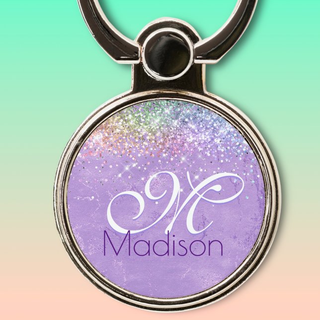 Cute iridescen lilac purple faux glitter monogram phone ring stand (Creator Uploaded)