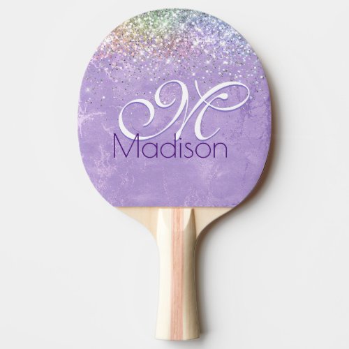Cute iridescen lilac purple faux glitter monogram ping pong paddle