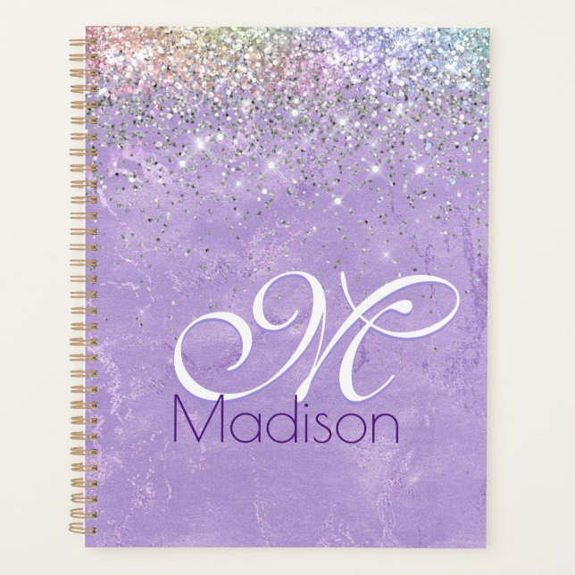 Cute iridescen lilac purple faux glitter monogram planner (Front)