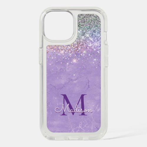 Cute iridescen lilac purple faux glitter monogram iPhone 15 case