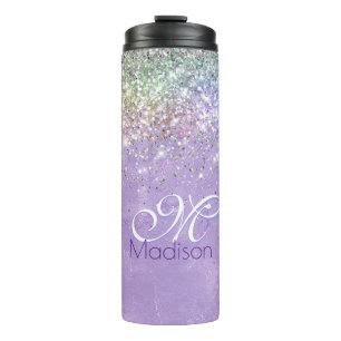 Cute iridescen lilac purple faux glitter monogram thermal tumbler