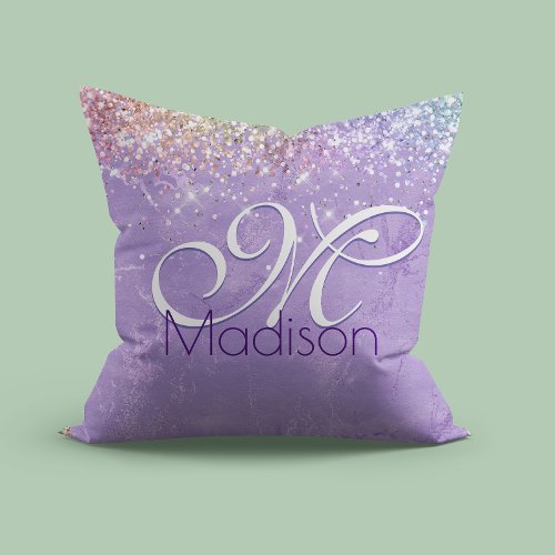 Cute iridescen lilac purple faux glitter monogram throw pillow